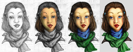 Scanned pencil sketch from the previous post, colored in Photoshop