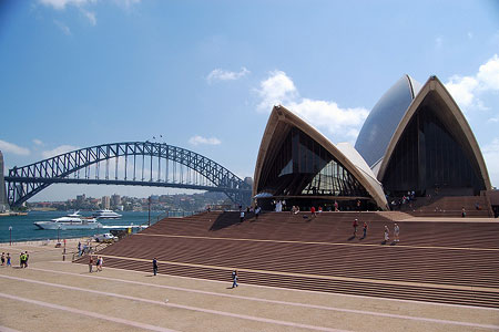 The Sydney Opera House and the Sydney Harbour Bridge, from the stairway leading to the Queen's Royal Gardens